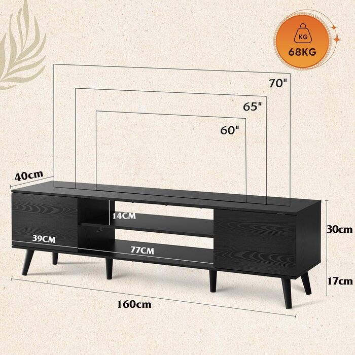 Тумба під телевізор WLIVE Schwarz 160x40x47 см, чорна, з 2 дверцятами та 2 відкритими полицями для вітальні, спальні, їдальні