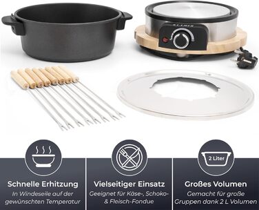 Електричний Фондю-набір KLAMER для 8 осіб з 8 виделок, регулювання температури, захист від бризок, посуд з алюмінію, екологічна обкладка з каучуку