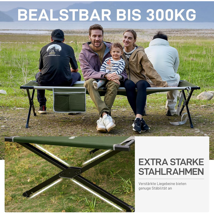 Розкладне ліжко для кемпінгу EVER ADVANCED XXL (214x106 см), посилене кемпінг-ліжко до 300 кг для відпочинку на природі, пляжі та вдома (Зелене)
