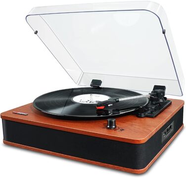 Програвач вінілу VOSTERIO з Bluetooth, Hi-Fi стереодинаміками, ретро дизайн, 3 швидкості, FM-радіо, USB, TF, Aux-In, RCA, LED-дисплей, функція перетворення вініл-у-MP3