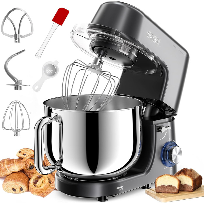 Кухонна машина 2000W з міксером та набором насадок, 7.2 л, нержавіюча сталь, сірий колір