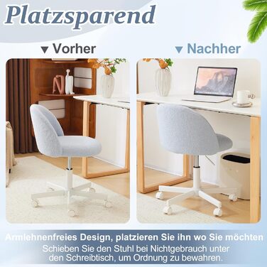 Офісне крісло Bonnlo з роликами, крісло для туалетного столика, регульоване по висоті, для робочого кабінету, спальні, home office, з м'якої тканини Teddy, біле (світло-блакитне)