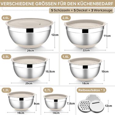 Набір мисок HaWare 6 шт. з нержавіючої сталі з кришками та набором терок, 4.6л/2.8л/2.5л/1.6л/1.2л/0.7л, з силіконовим дном, для миття в посудомийній машині