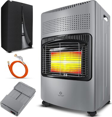 Газовий обігрівач KESSER® 4200W з керамічним нагрівачем, газовий опалювач, інфрачервовий нагрівач, для будинку та на вулицю, сумісний з бутаном/пропаном (до 15кг), сірий, з регулятором тиску, шлангом та захисним кожухом