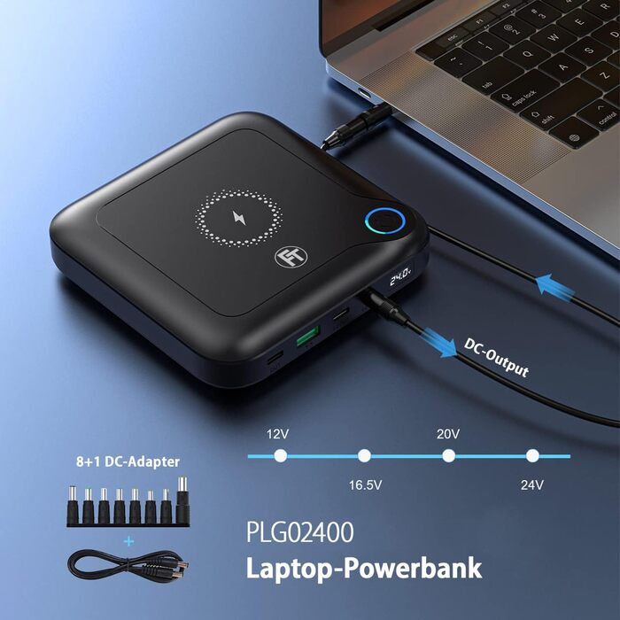 Роз'єм FeinTech PLG02400 ноутбука Powerbank 60 Вт PD USB-C та DC для ноутбука, MacBook, iPad, планшета, смартфона, камери, Nintendo Switch, бездротової зарядки 10 Вт, 88 Втгод, 24000 мАг, 122 x 122 x 28 мм