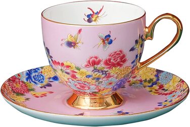Набір різнокольорових кавових чашок і блюдців fanquare з ложкою, порцеляновий візерунок у вигляді квіткового метелика, чайна чашка з тонкого кістяного порцеляни, (рожевий)