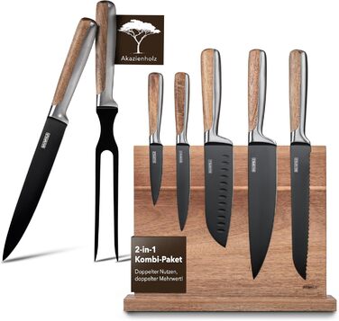 Набір ножів у блоці (6 шт) Premium – професійний кухонний набір з магнітного блоку з акації (чорний, з керамічним покриттям)