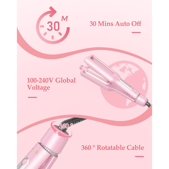 4-в-1 Випрямляч для волосся з насадками - локони 22/25/32/38 мм, для створення пляжних, природних та водохвиль, 4 температури (140-210°C), рожевий