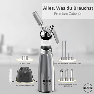 Дозатор для вершків B-ARS з нержавіючої сталі 0,5L з аксесуарами: насадки для декорування, голка для інжекцій, щітка для чищення, сумка для зберігання та електронна книга з рецептами