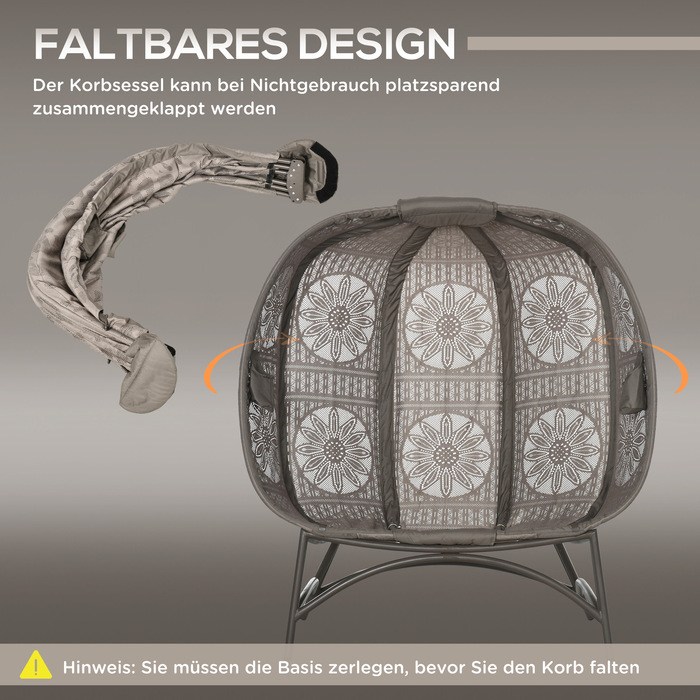 Outsunny Garden Chair 2-місне крісло Papasan зі складним кошиком і подушкою, шезлонг для балкона та тераси, сталь у піску, 126 x 75 x 142 см
