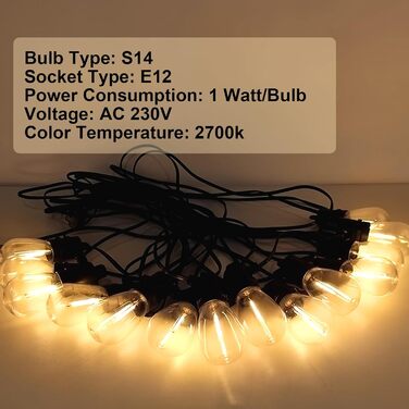 BRIMAX LED гірлянда для вулиці, 30м, 220-240V, IP44, 46+4 лампочки G40 E12 1W, 2200K, розширювана, для кемпінгу, ярмарку, саду, вечірки