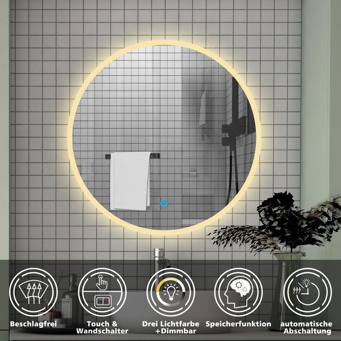 LED дзеркало для ванної кімнати Aica Sanitär, кругле, 50 см, з підсвічуванням (холодне/нейтральне/тепле світло), диммування, функція пам'яті, сенсорне управління, запобігання запотіванню, автоматичне вимкнення