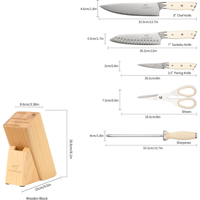 Набір кухонних ножів NANFANG BROTHERS Profimesser Damaskus 5 шт. з дерев'яним блоком. Ножі з дамаської сталі, кухонні та для приготування їжі.