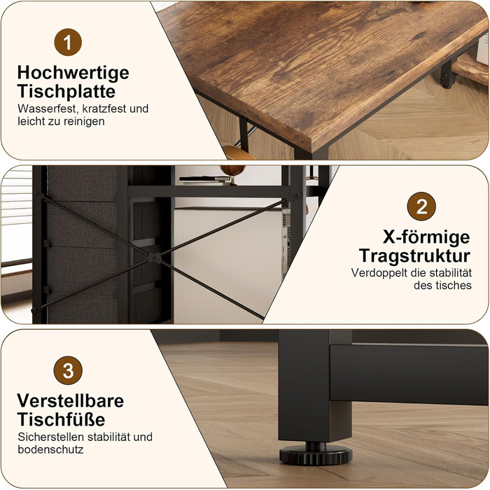 Кутовий стіл Devoko з 4 висувними ящиками з тканини, 2 розетками та 2 USB-портами, для дому та офісу, ігор, білий, 140x80 см