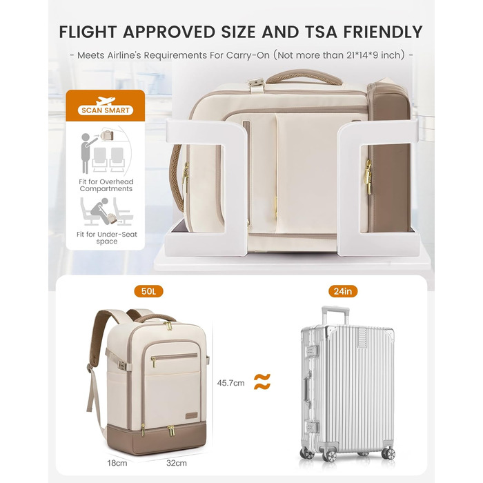 LOVEVOOK Рюкзак для ручної поклажі 40L з окремим відділенням для взуття, жіночий, великий, з вологостійким відділенням, рюкзак-валіза для подорожей (3 шт., Бежевий, Хакі)