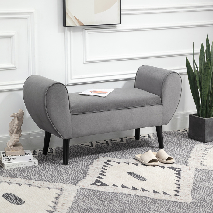 Лавка HOMCOM Grey Modern Chest Bench з місцем для зберігання з оксамитового поліестеру та гумового дерева з підлокітниками 118x42x66см для передпокою та вітальні