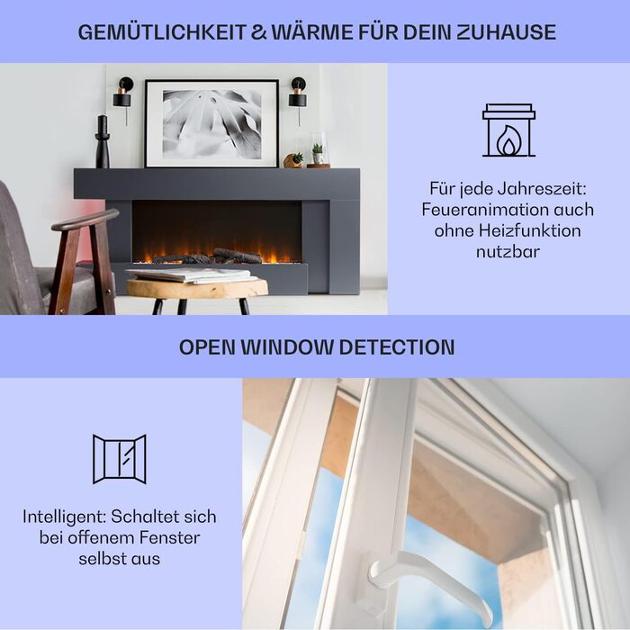 Електрокамін Klarstein Light & Fire 2 Smart, 2000 Вт, LED-імітація полум'я, настінний, з дистанційним керуванням і таймером, енергозберігаючий, чорний, корпус MDF