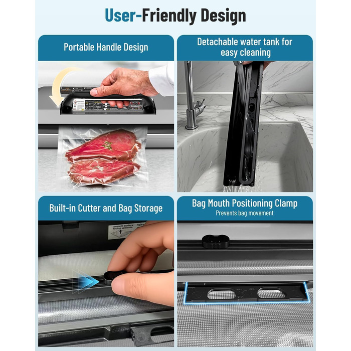 Професійний вакууматор для продуктів 12-в-1, 95кПа, з функцією безперервного вакуумування та подвійним швом, сріблястий (комплект: 1 рулон та 10 пакетів)