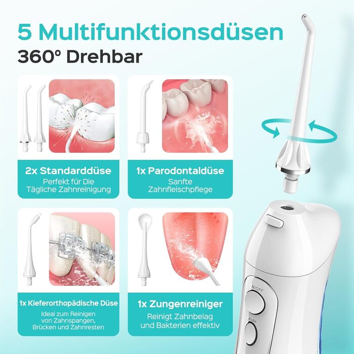 Бездротовий портативний душ COSLUS: 300 мл, IPX7, 5 насадок, для інтенсивного очищення та догляду за порожниною рота, ідеальний для подорожей
