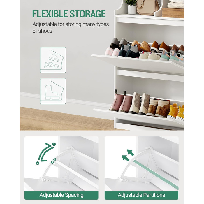 Шафа для взуття Hzuaneri з 2 дверцятами, 4 відділеннями, регульована, на 16 пар, для прихожого, передпокою, гардеробу, біла, 80 x 24.5 x 124.5 см, SR45303X