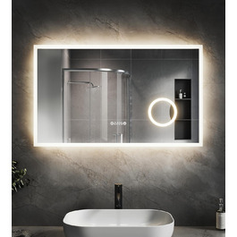 Дзеркало для ванної кімнати зі підсвічуванням SVNR, 70 x 50 см, LED, з 4 мм дзеркалом без вмісту міді, подвійне сенсорне керування, антизапарник, регулювання кольору світла (3000K-6400K), Smart-дзеркало з лупою 5x та розеткою для гоління