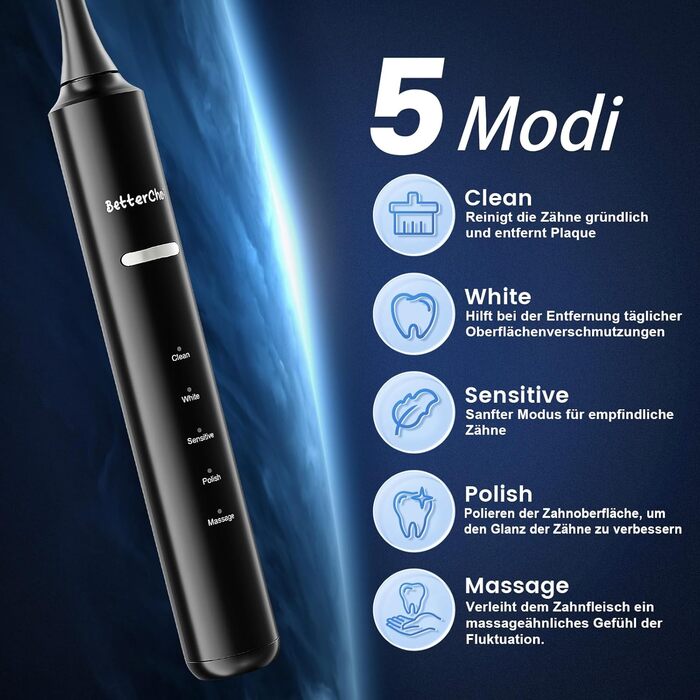 Електрична зубна щітка Betterchoi з магнітною левітацією, 41 000 VPM, 4 насадки, IPX7, 180 днів роботи, 5 режимів, таймер, чорна