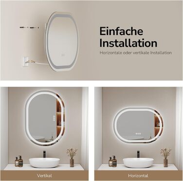 EMKE Дзеркало для ванної кімнати з підсвічуванням 50x90 см овальне з сенсорним вимикачем, 3 кольори світла, регулювання яскравості, антизапарник, функція пам'яті, автоматичне вимкнення через 3 години