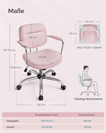 Крісло для домашнього офісу SONGMICS, ергономічне поворотне крісло, регульоване по висоті, функція гойдалки, пастельно-рожевий