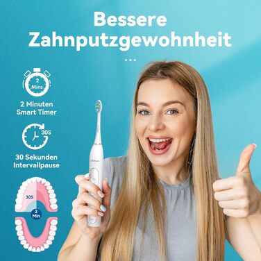 Електрична зубна щітка Lächen Sonic RM-T8B з 4 насадками, таймером, 3 режимами та 3 рівнями вібрації, білий