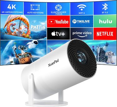 XuanPad Проектор з WiFi та Bluetooth, 30000L, 1080P, Автофокус AI, Поворотний на 210°, Автоматична корекція Keystone, Система видалення пилу та охолодження, Сертифікований Netflix
