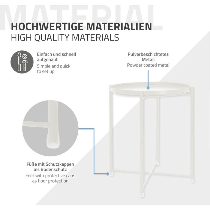 Журнальний столик ML-Design круглий Ø45хВ52 см з металу, журнальний столик зі знімним підносом, складний, стійкий, стійкий, стіл для вітальні, журнальний столик, тумбочка, для напоїв, закусок (білий)