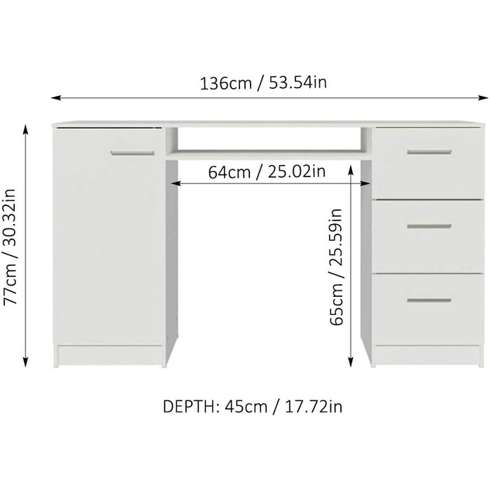 Письмовий стіл Madesa, комп'ютерний стіл з 3 висувними ящиками та 1 дверцятами, 136 x 45 x 77 см, виготовлений з дерева - (Білий, 77 В x 45 Г x 136 Д см)
