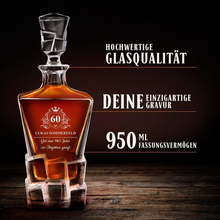 Мавертон Карафа для віскі 950 мл + Набір з 6 склянок для віскі з гравіюванням - Декантер для віскі - Подарунок на Різдво - Люксовий дизайн - Крісталльне скло - для чоловіків на день народження - Корона