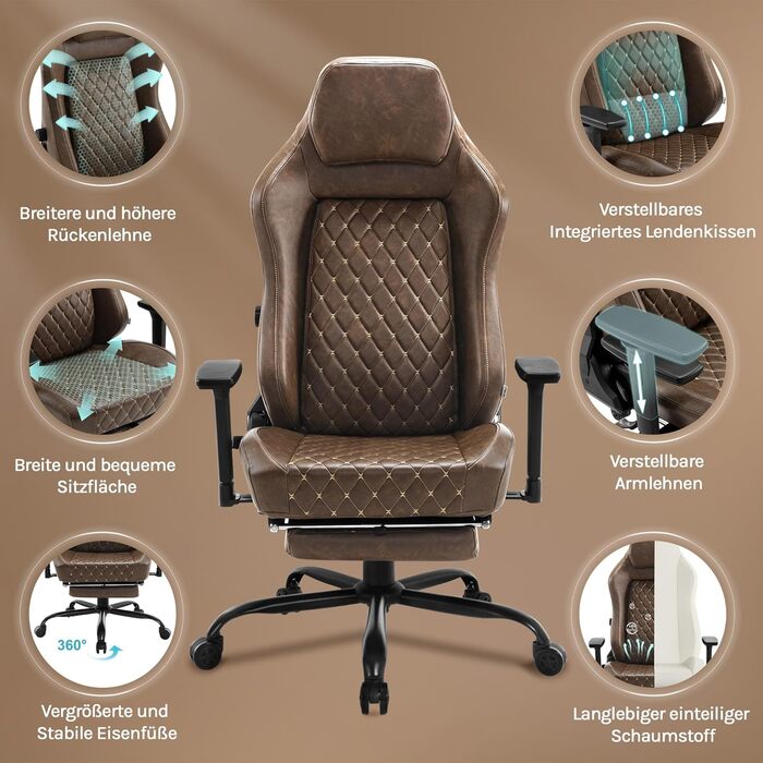 Крісло ігрове WOLTU, офісне ергономічне, з інтегрованим губчастим наповнювачем, підтримкою попереку, підставкою для ніг та підлокітниками, вінтажне, з штучної шкіри та металевим каркасом, коричневе