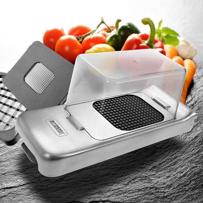 Подрібнювач для овочів ALLIGATOR 3094 з нержавіючої сталі з контейнером - для овочів, цибулі та картоплі фрі - 3 змінні леза (3x3 мм, 6x6 мм, 12x12 мм) - Без BPA