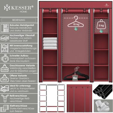 Тканинна шафа KESSER з штангою для одягу та полицями, в т.ч. 5 вішалок, 150x45x175см Бордо червоний