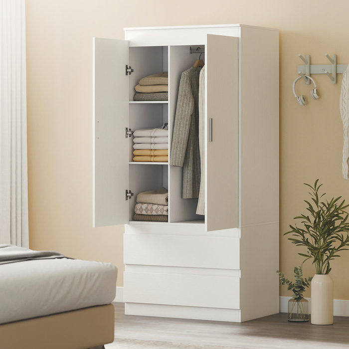 Шафа для спальні з 2 дверцятами, 2 висувними ящиками та 3 полицями, виготовлена з дерева, білого кольору