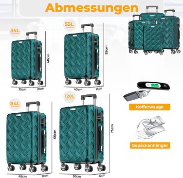 Набір валіз KESSER з 4 предметів, жорсткий корпус ABS, кодовий замок, ваги для багажу та дорожня сумка, колеса 360°, колір Petrol