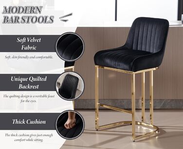 Набір з 2 барних стільців з велюру з золотистими металевими ніжками, м'яке сидіння, зі спинкою, без підлокітників для кухонної зони/домашнього бару (Чорний)
