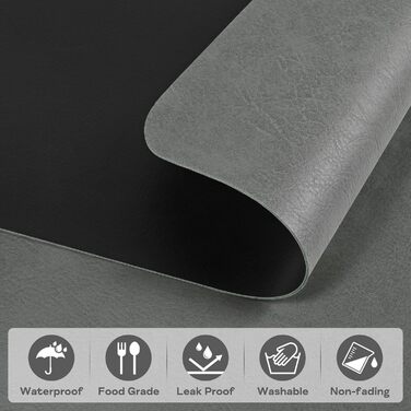 Набір підставок під тарілки 6 шт, неслизькі, миючіся, з штучної шкіри, 40 x 30 см (сірий/чорний)