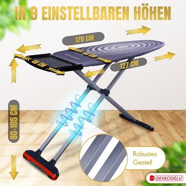 Прасувальна дошка DEVEÇİOĞLU 50-80 см з чохлом 36x114 см для парогенераторів, складна | Прасувальна дошка як стіл (Mm126)