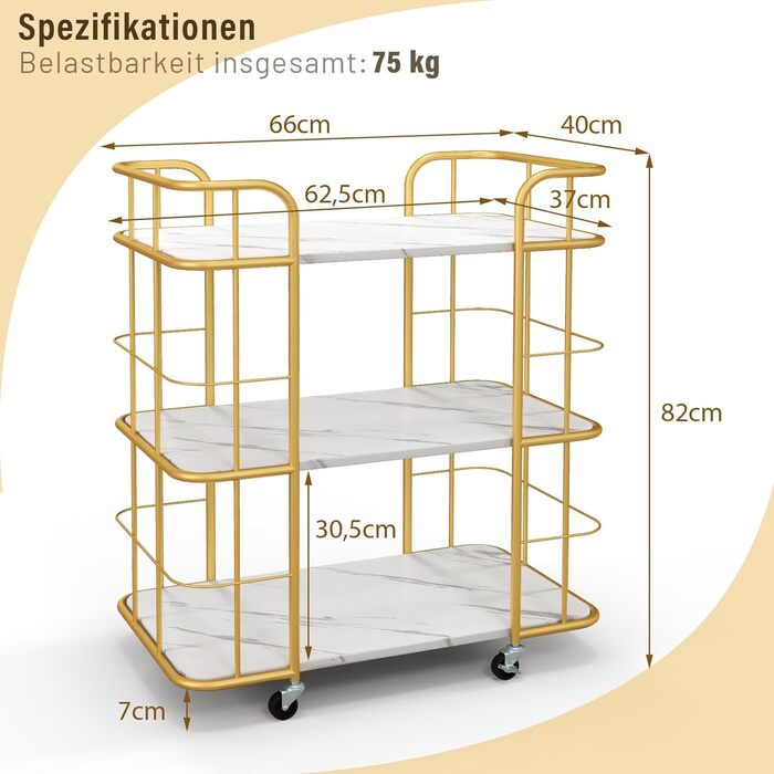 Кухонний візок COSTWAY з універсальними колесами, 3 полиці, мармуровий барний візок, мобільний візок, золотий