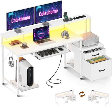 Ігровий стіл Coleshome з LED підсвічуванням, 140x48 см. Стіл з тканиними ящиками, комп'ютерний стіл з 2 розетками та 2 USB-портами, стіл для ігор з підставкою для монітора для дому/офісу, білий 140x48 см