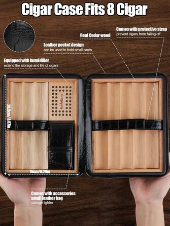 Вишуканий вологозбережувач для сигар Kalolary з різаком, портативний дорожній футляр для сигар з кедрової деревини, вміщує до 8 сигар, чудовий подарунок для чоловіків (Чорний)