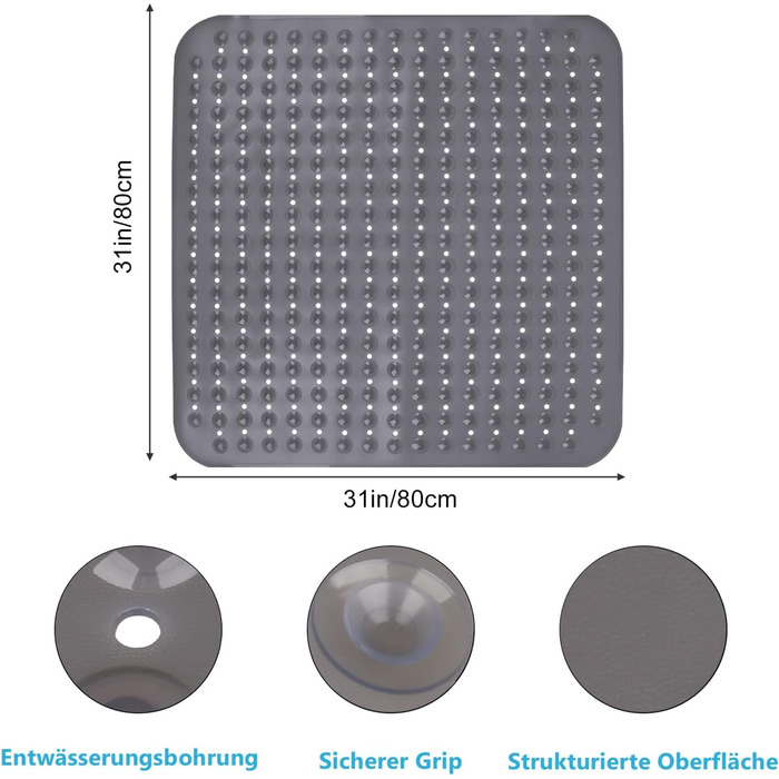 Килимок для душу Mofonky нековзний 80x80 см, прозорий сірий для людей похилого віку