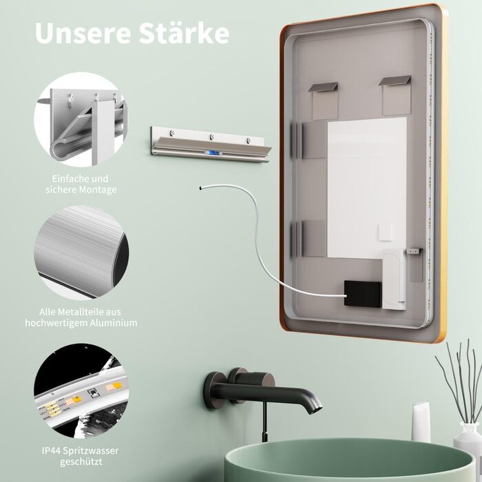 LED дзеркало для ванної кімнати HOKO Texas 60x80 см / 80x60 см з підсвічуванням, протитуманним покриттям та чорним металевим каркасом. Можливість встановлення вгору та вбік. Сенсорне керування + світло, регулювання кольору 2700-6500K (тепле, холодне, нейт