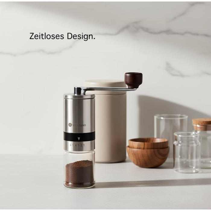 Ручна кавомолка з нержавіючої сталі з керамічним жорном | 6 ступенів помолу | для еспресо та фільтр-кави | ідеальна для дому | срібна