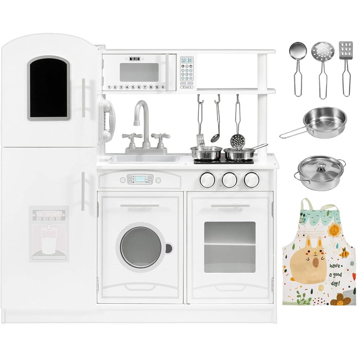 Дитяча дерев'яна кухня Mamabrum з LED-підсвічуванням. Регульована висота, набір з аксесуарами (крижанка, мікрохвильова піч, плита, посудомийна машина). Іграшка для дітей від 3 років (кухня для хлопчиків та дівчаток, білий колір)
