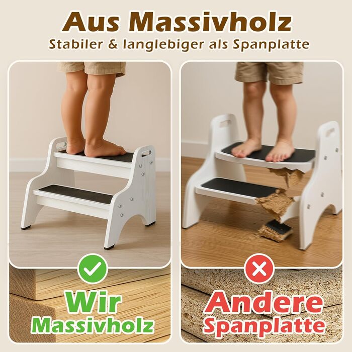 Дерев'яний дитячий стільчик Tritthocker з 2 сходинками, неслизький, для ванної та кухні, скандинавський дизайн, колір: натуральний (білий)