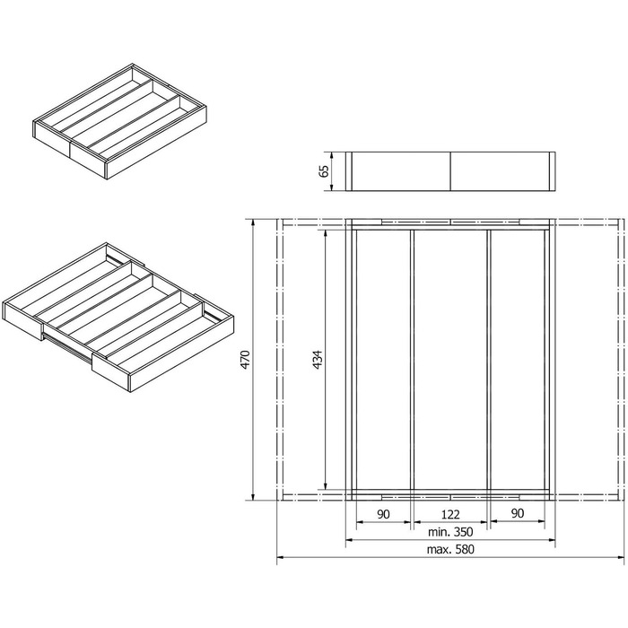 Бамбуковий лоток для столових приборів ORGA-BOX, регульований 400-600 мм, 5 відділень, глибина шухляди 473 мм